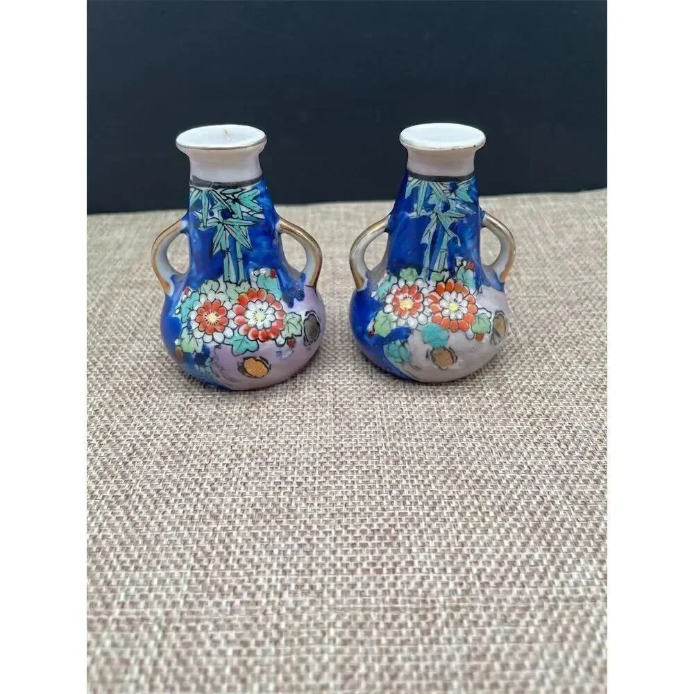 Gold Castle Majolica Blue Floral Hand-Painted Two-Handled Vase Japan Set of 2